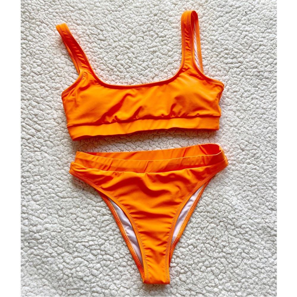 SHEIN Vibrant Tangerine Orange High Cut Bikini Set M Swimsuit Vacation Beach NEW